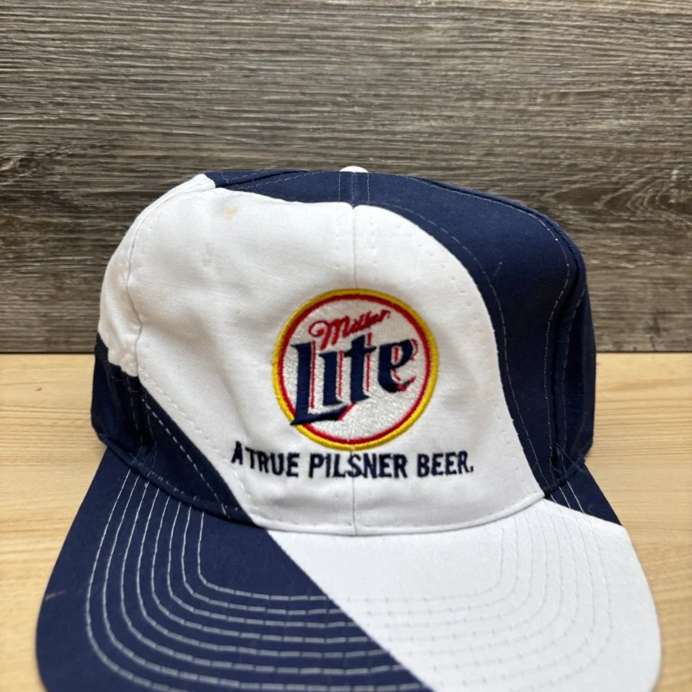 Vintage Miller Lite Hat Cap Strap Back Blue White Beer Advertising Pilsner 90s